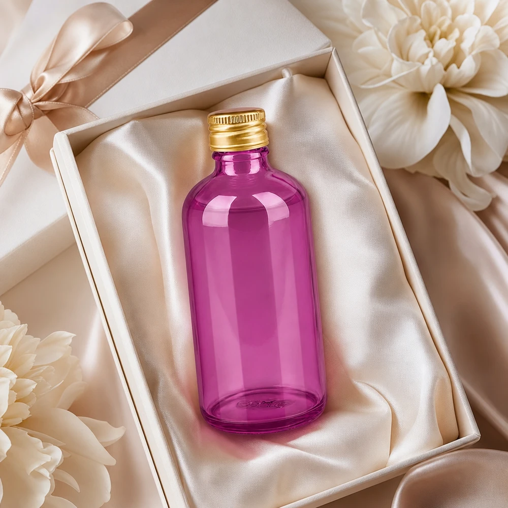 Fioletowa szklana butelka 100 ml ze złotą nakrętką w eleganckim opakowaniu prezentowym z satynową wstążką