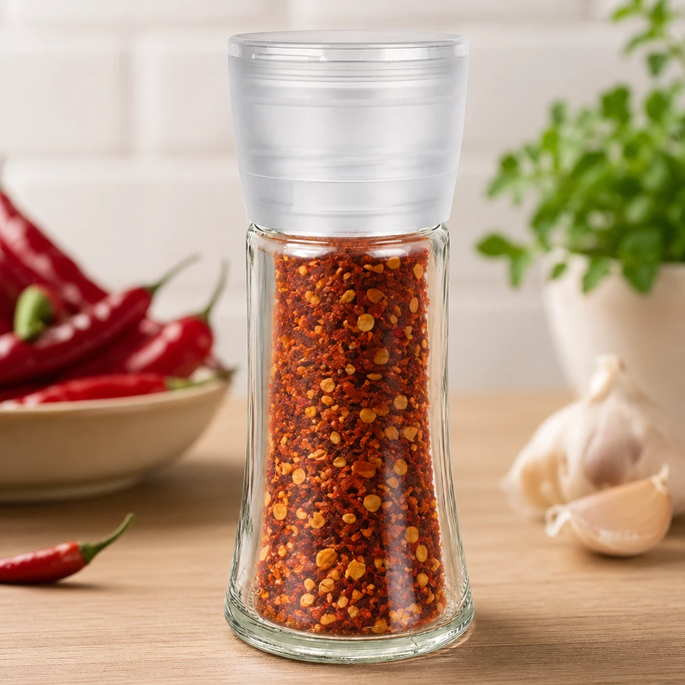 Słoik na sól/przyprawy 95 ml z młynkiem Vario, biały Szklany młynek do przypraw o pojemności 95 ml z białą plastikową nasadką, wypełniony mieloną papryczką chili, na drewnianej podstawce