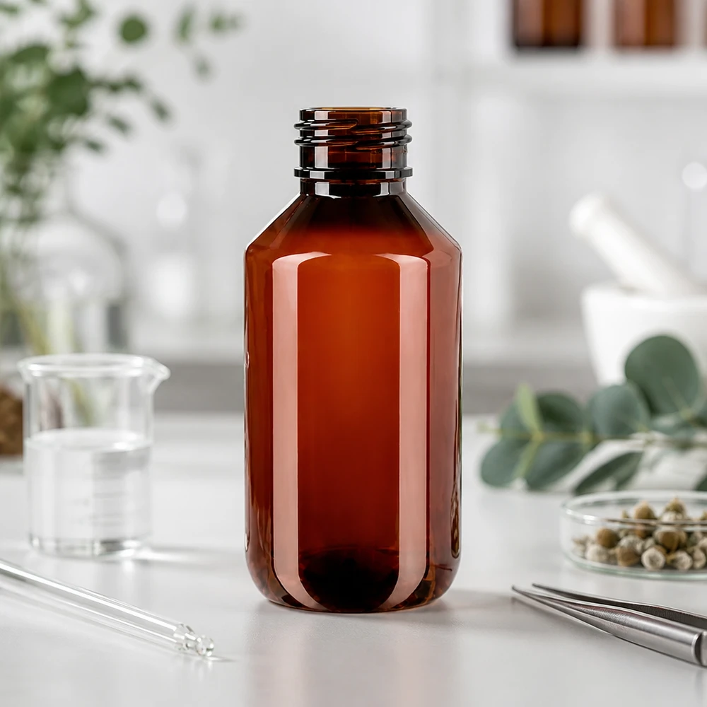 Butelka PET 200 ml z czarną nakrętką OV Braune 200ml Kunststoff-Rundflasche mit schwarzem Schraubgewinde für Spritz- und Originalitätsverschluss