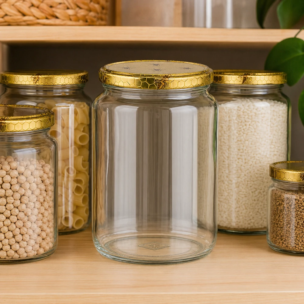 1000g Honigglas mit Bienenwabe Deckel BasicSeal UNiTWIST Pusty słoik miodu 1000 g z pokrywką o strukturze plastra miodu w regale między napełnionymi słoikami z roślinami strączkowymi i ryżem