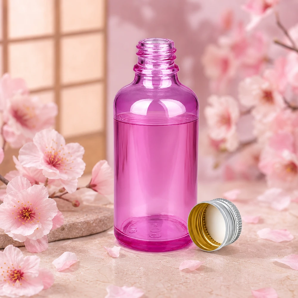 Butelka 50 ml 11 mm z aluminiowo-srebrną zakrętką PurpleLine.UT18/50 Elegancka butelka 50 ml z fioletowego szkła z aluminiowo-srebrną zakrętką na wysokiej jakości kosmetyki