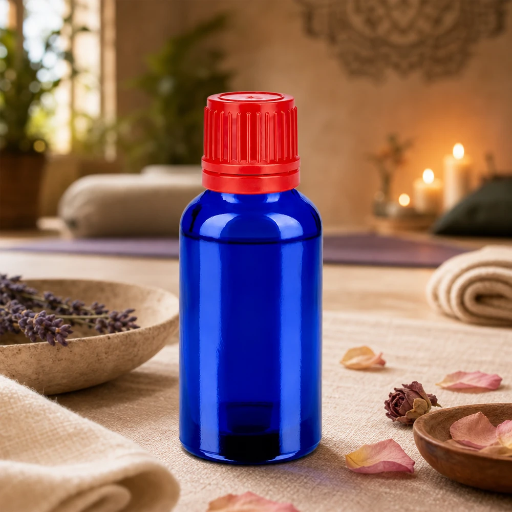 Butelka 30 ml 11 mm SV czerwona OV BlueLine UT18/30 Wysokiej jakości szklana butelka o pojemności 30 ml z ochroną przed promieniowaniem UV dzięki niebieskiemu szkłu i czerwonej nakrętce zabezpieczającej przed dziećmi.