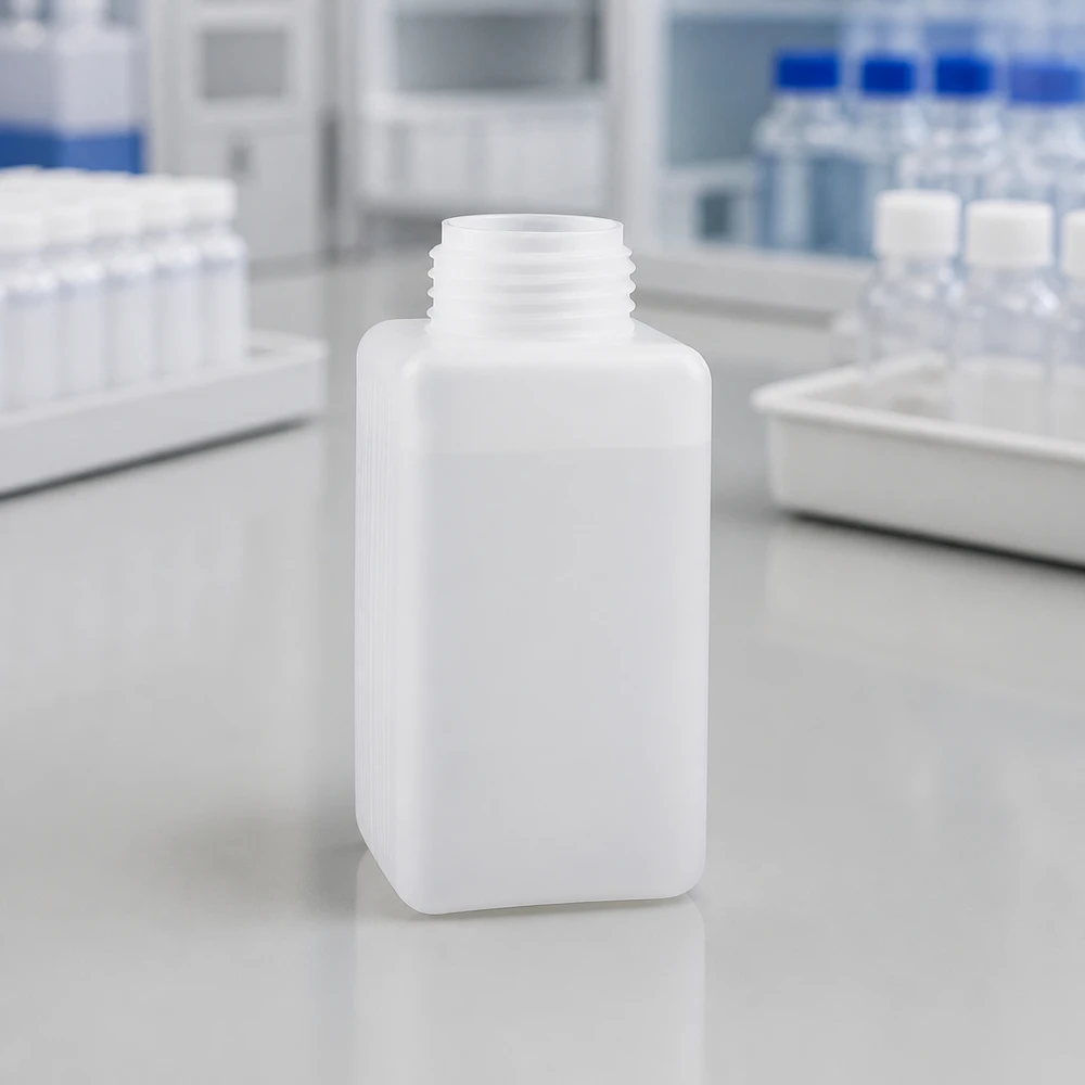 Butelka na chemikalia 1500ml, szeroka szyjka wykonana z PE-HD, kolor naturalny, GL 65 Pusta butelka z PE-HD o szerokiej szyjce, 1500 ml, w kolorze naturalnym, prostokątna, bez zamknięcia, przeznaczona do użytku w laboratorium