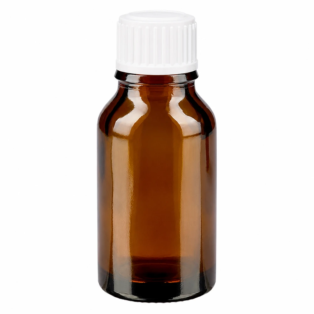 30 ml brązowa szklana buteleczka apteczna z białą zakrętką standardową 11 mm