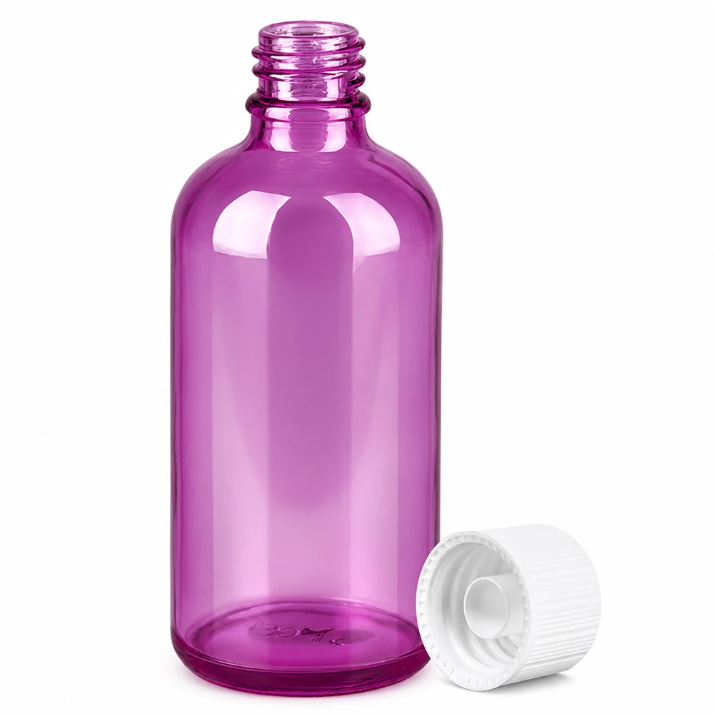 Butelka 100 ml z zakrętką 11 mm biała standardowa PurpleLine UT18/100 Fioletowa butelka z zakraplaczem o pojemności 100 ml i standardowym gwintem do olejków eterycznych i serum