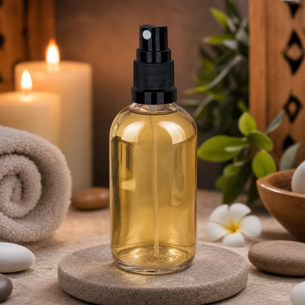 100 ml butelka ze spryskiwaczem czarna STD ClearLine UT18/100 Butelka z atomizerem o pojemności 100 ml w kolorze bursztynowym (UT18/100) na tle naturalnego kamienia w relaksującej atmosferze spa