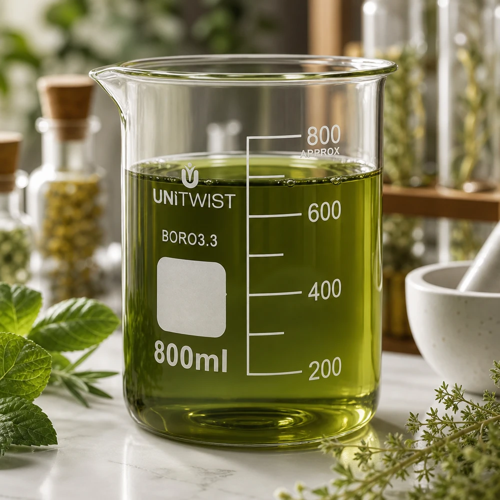 Zlewka 800ml borokrzemianowa, niski kształt UNiTWIST Szklanka UNiTWIST o pojemności 800 ml, wykonana z borokrzemianu, o niskim kształcie, z zielonym ekstraktem ziołowym otoczonym świeżymi ziołami