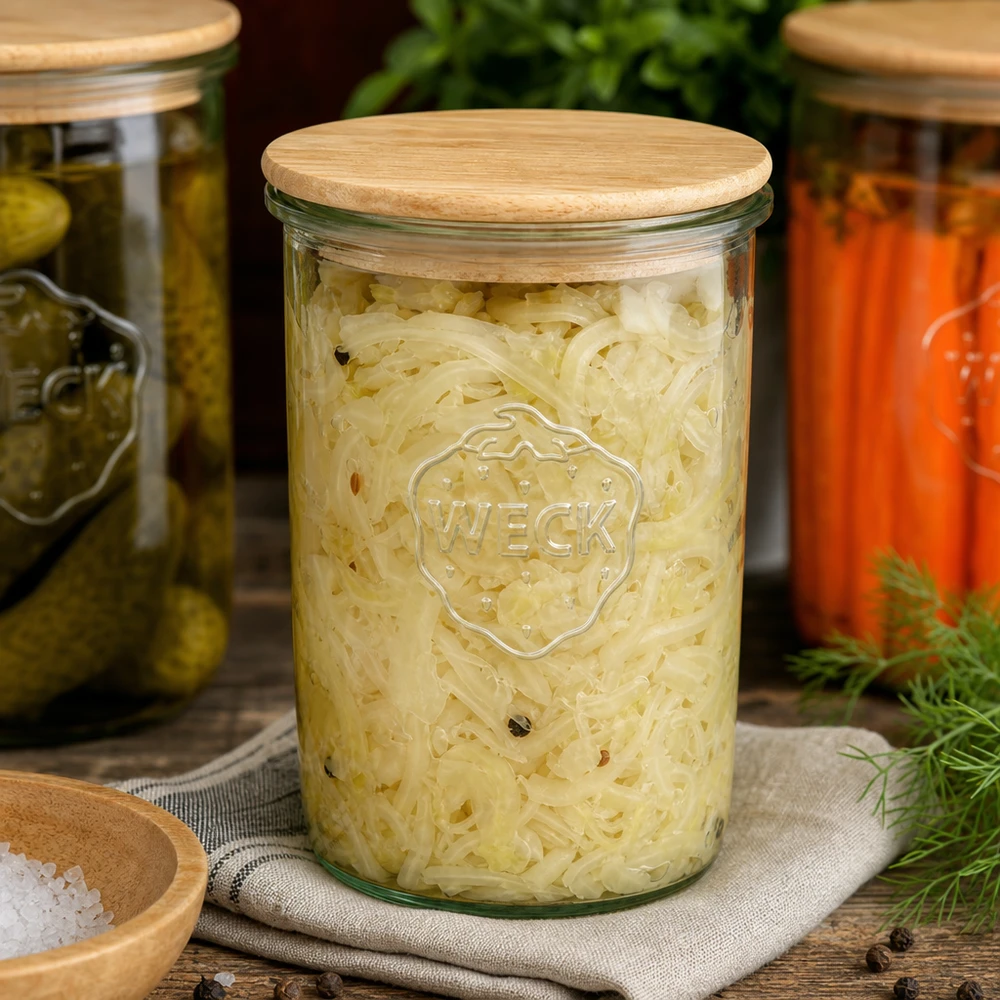 Słoik WECK 1000ml wypełniony kiszoną kapustą i drewnianą pokrywką obok kiszonych ogórków i marchwi Fermentacja