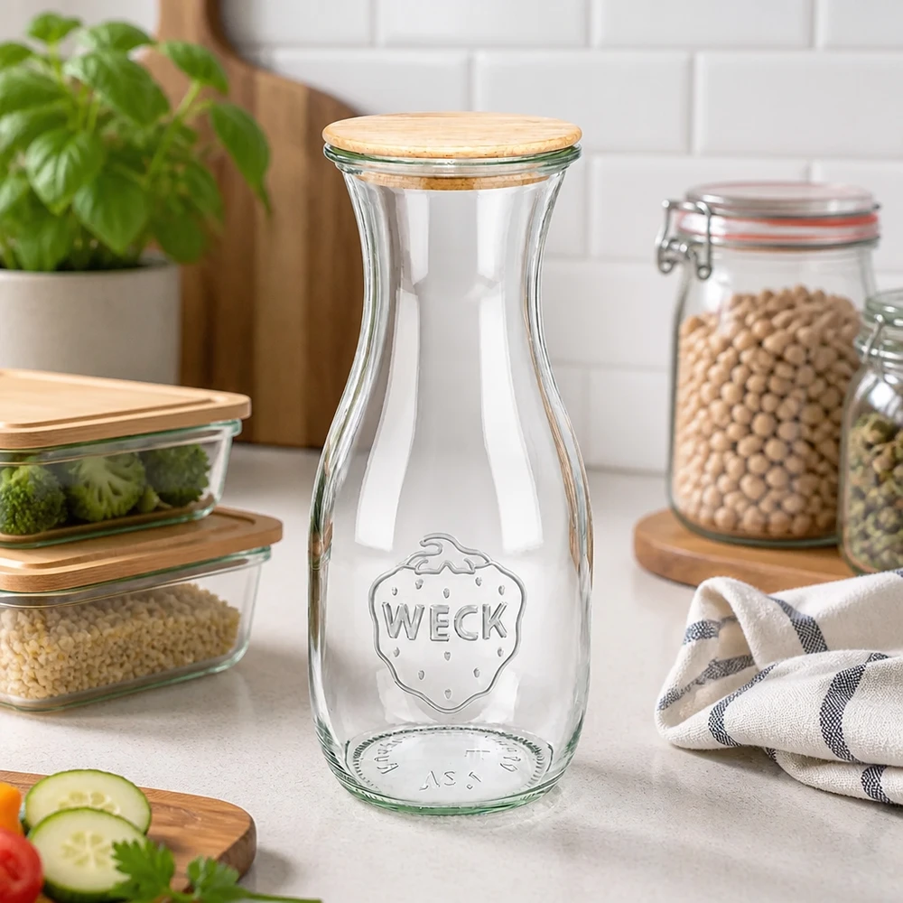Butelka na sok 530 ml WECK RR60 z drewnianą pokrywką Butelka na sok WECK 530ml RR60 z drewnianą pokrywką w nowoczesnych kuchniach obok warzyw i roślin strączkowych jako rozwiązanie do przechowywania