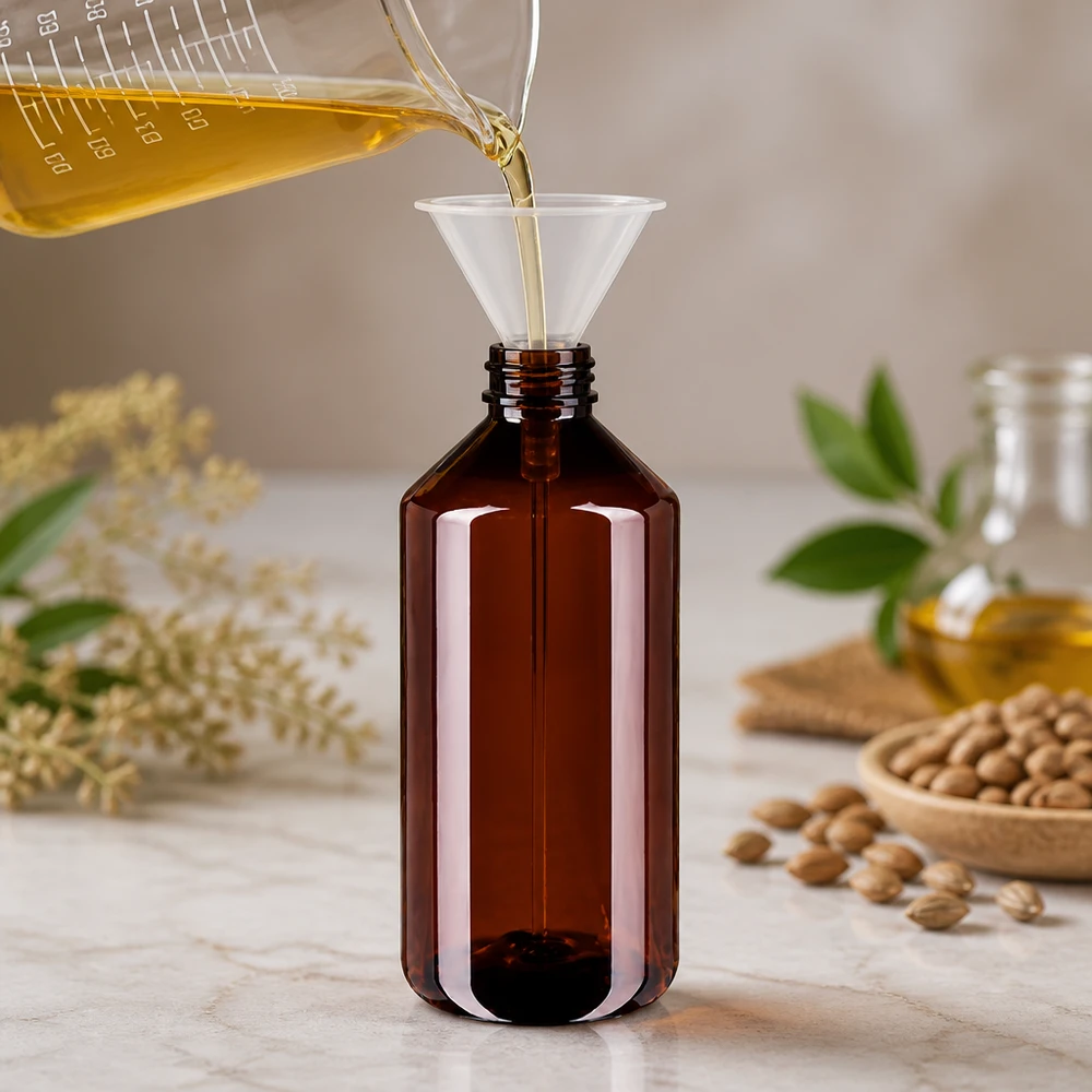 Butelkę PET o pojemności 750 ml w kolorze bursztynowym napełnia się złotym olejem za pomocą lejka