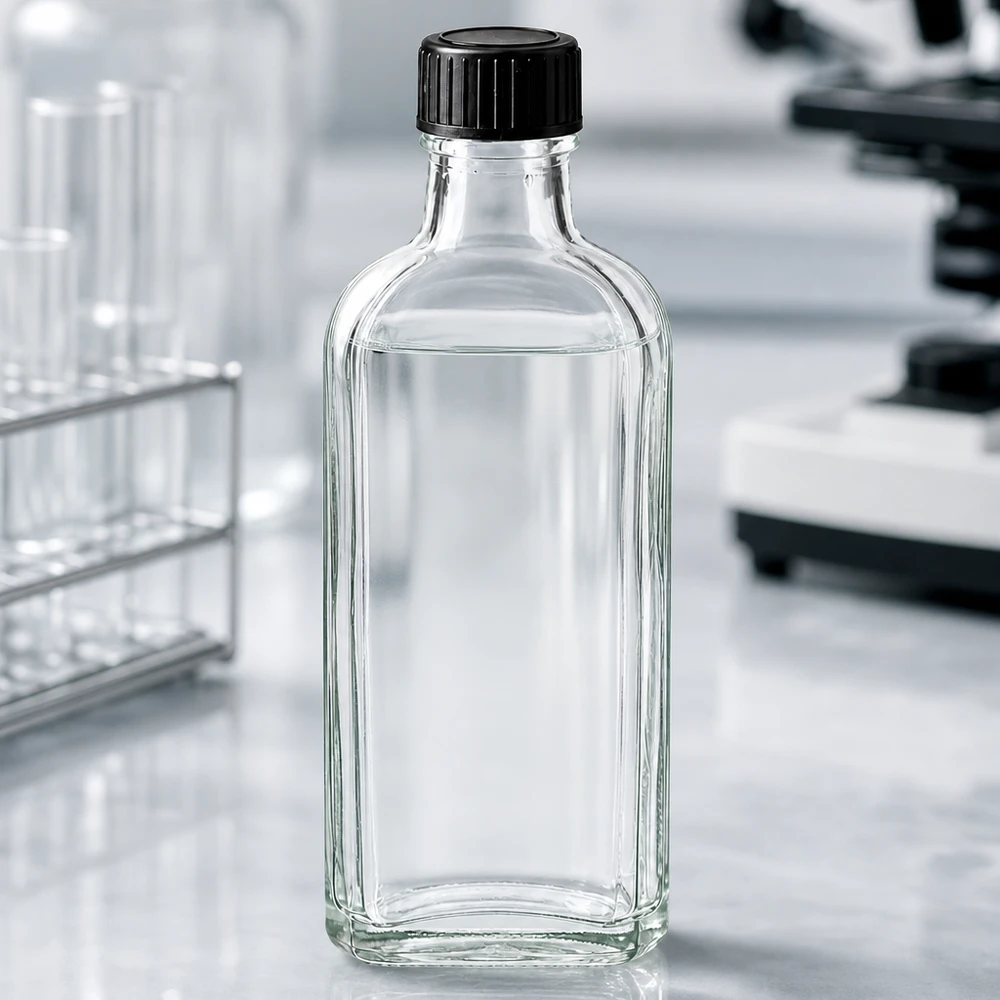 100 ml Przezroczysta zakrętka Meplat z dyskiem uszczelniającym LKD Prostokątna, przezroczysta szklana butelka o pojemności 100 ml z krążkiem uszczelniającym LKD i czarnym zamknięciem w laboratorium