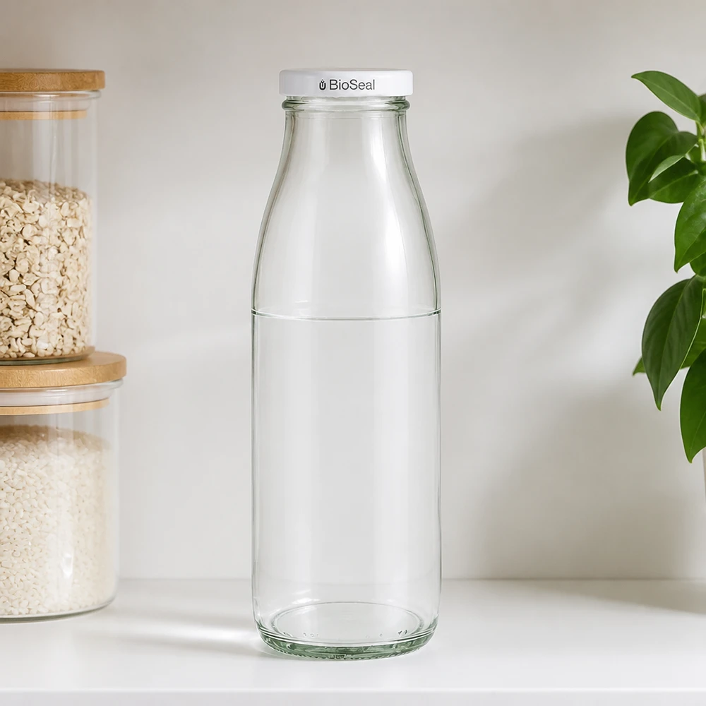 Butelka szklana 500 ml + pokrywka BioSeal biała UNiTWIST. Całkowicie szczelna z dużą pokrywką TO48. Do mleka, soków i lemoniady. 500 ml szklana butelka z zakrętką BioSeal w kuchni, obok słoików z musli i zieloną rośliną