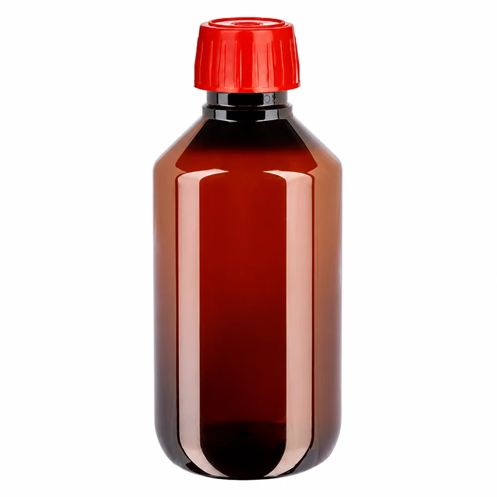 Brązowa butelka PET o pojemności 200 ml z czerwonym zamknięciem odgazowującym do zastosowań laboratoryjnych