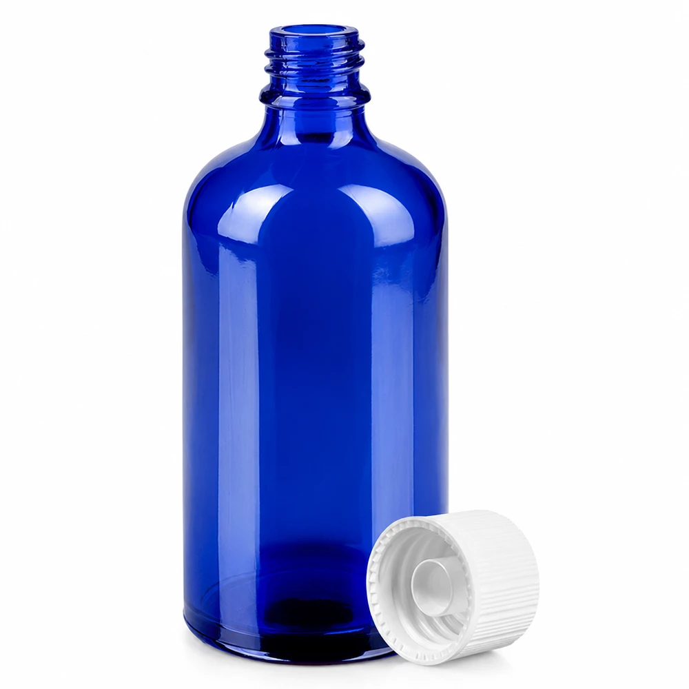 Butelka 100 ml 11 mm SV biała STD BlueLine UT18/100 100 ml kobaltowo-niebieska butelka aptekarska z gwintem 11 mm i białą zakrętką do precyzyjnego dozowania
