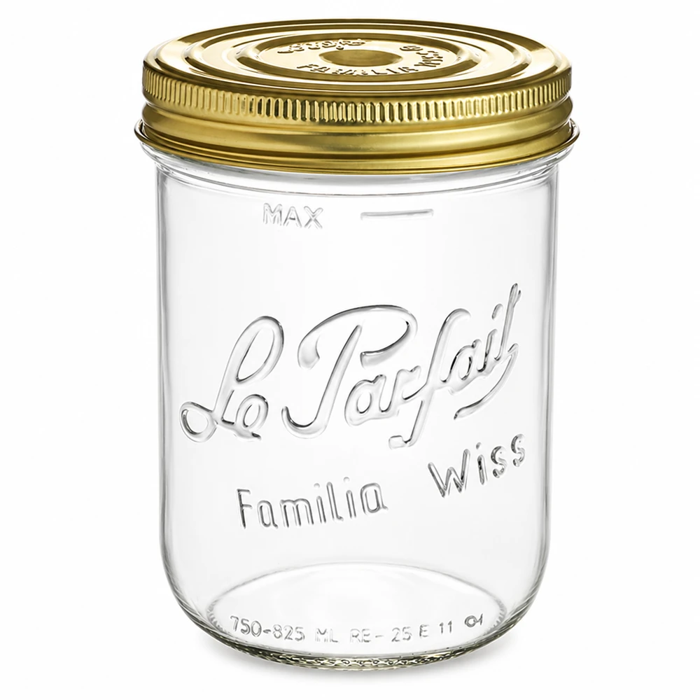 Słoik na przetwory Familia Wiss 1020 ml ze złotą zakrętką Le Parfait do przechowywania przetworów