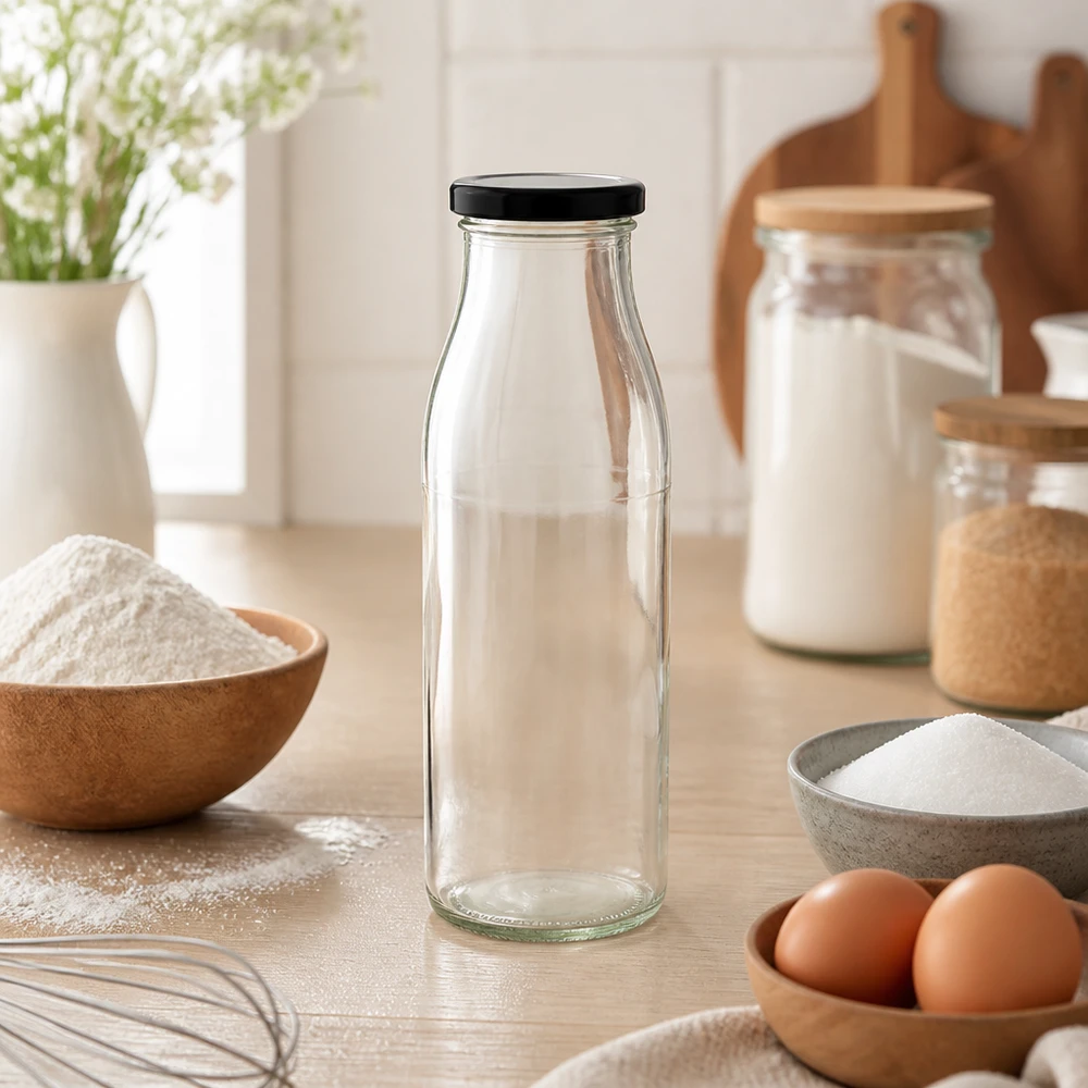 Szklana butelka o pojemności 500 ml z czarną pokrywką w naturalnym otoczeniu kuchennym ze składnikami do pieczenia i drewnianymi miskami