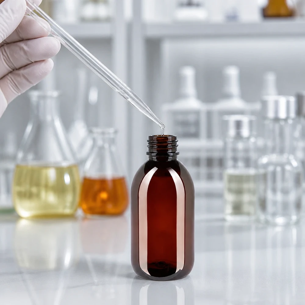Butelka PET 250ml z czerwoną nakrętką OV Brązowa butelka PET o pojemności 250 ml z czerwonym zamknięciem OV i pipetą w środowisku laboratoryjnym