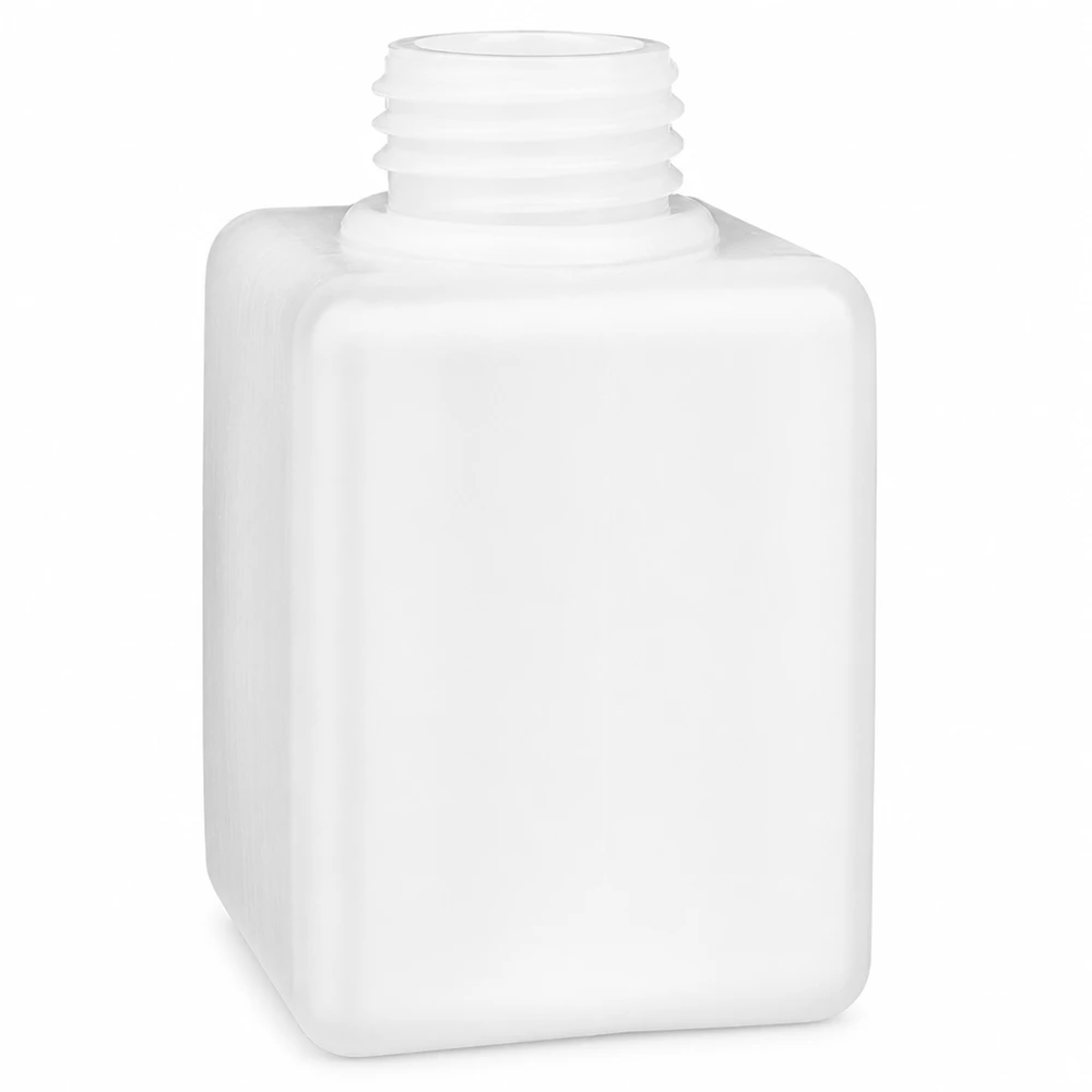 Biała butelka na chemikalia z PE-HD, 100 ml, z wąską szyjką GL 25, o prostokątnym kształcie, bez zamknięcia