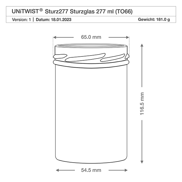 UNiTWIST Sturz277 - kubki o pojemności 277ml TO66 UNiTWIST Sturz277 kubki 277ml TO66 z rysunkiem technicznym Wymiary 65mm średnica 116.5mm wysokość Waga 181g