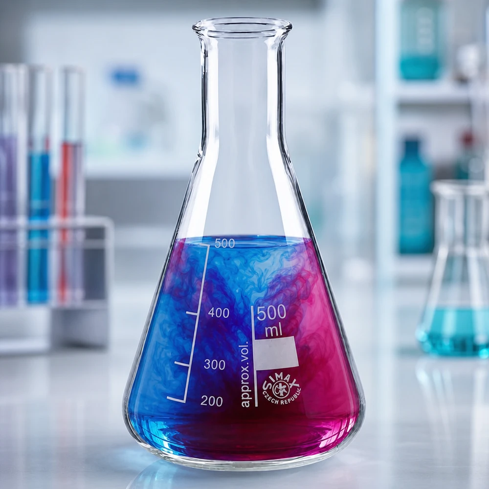 Kolba Erlenmeyera 500 ml z wąską szyjką z niebiesko-fioletową mieszaniną barw w profesjonalnym środowisku laboratoryjnym