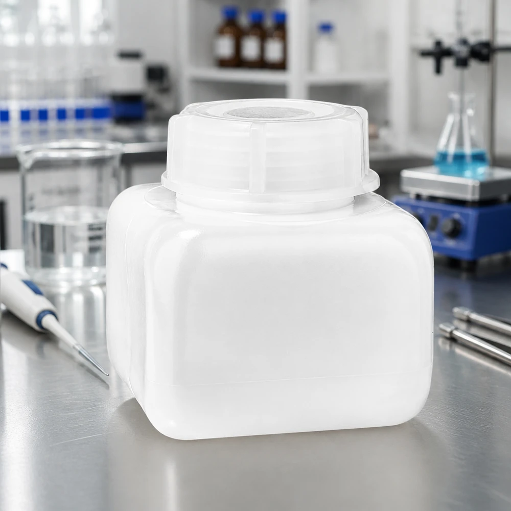Przezroczysta butelka z PE-HD o szerokiej szyjce, pojemność 250 ml, na powierzchni ze stali nierdzewnej w profesjonalnym środowisku laboratoryjnym