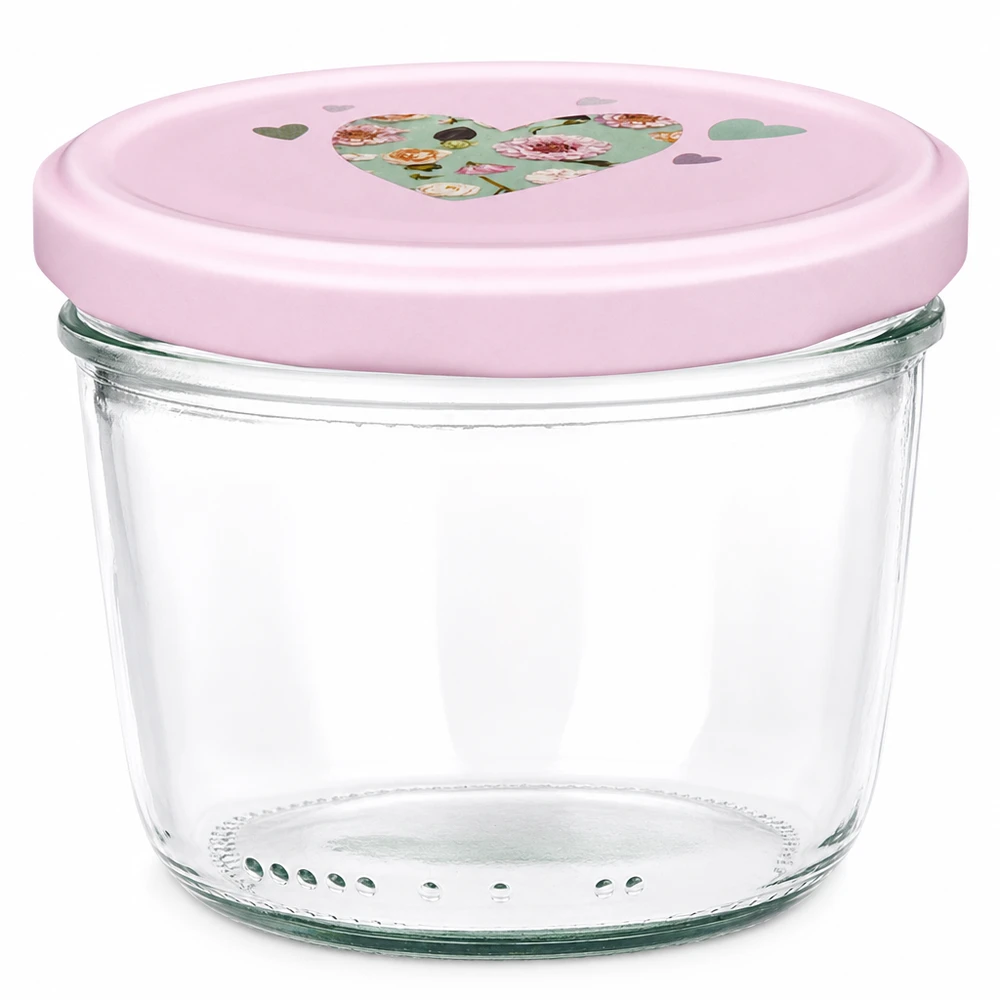 Szklanka z pokrywką 230 ml + pokrywka BasicSeal serce różowa UN.. Słoik Mason 230ml z różową pokrywką BasicSeal z motywem serca słoik na dżem słoik na przetwory pusty