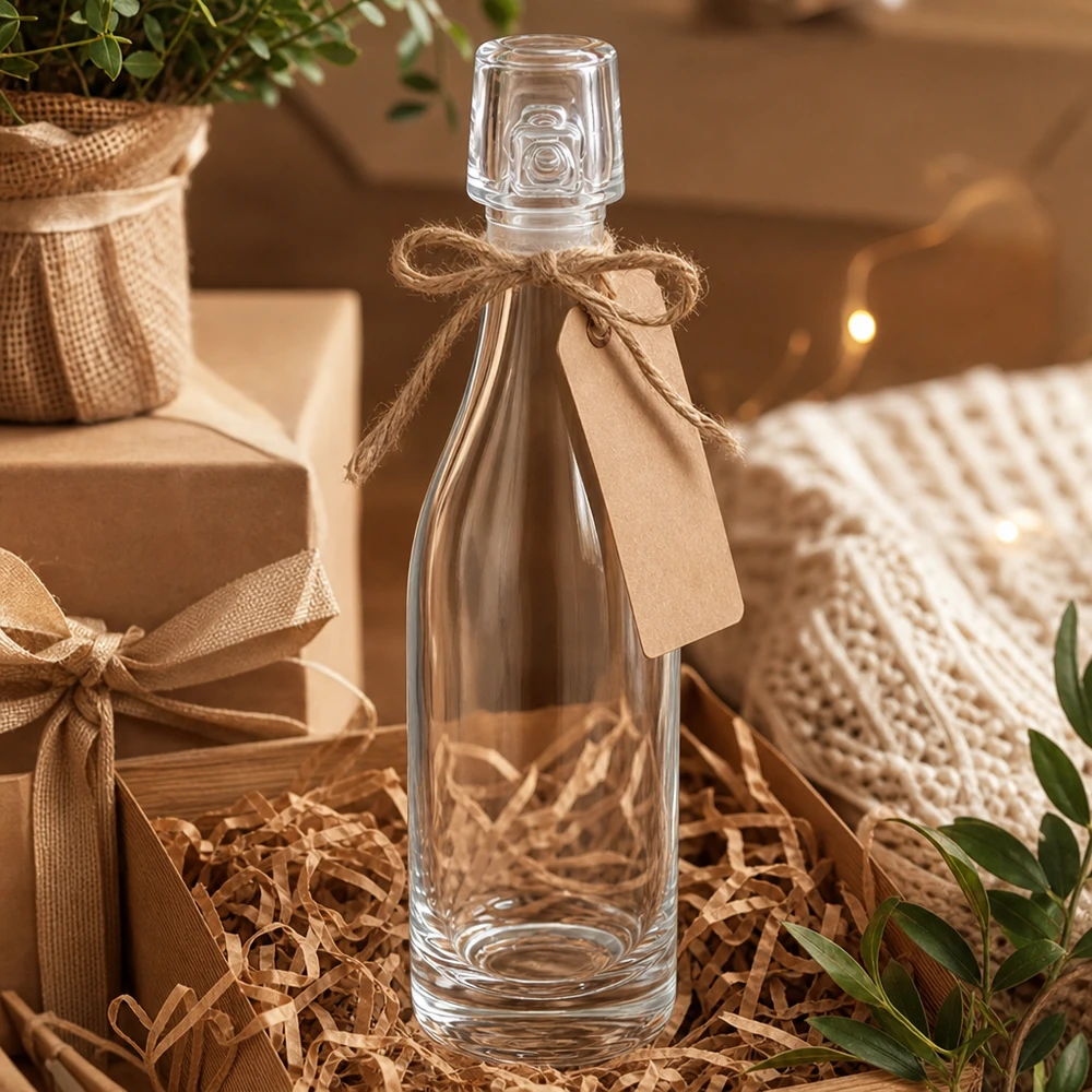 50 ml szklana butelka UNiTWIST w pudełku prezentowym ze sznurkiem jutowym i przywieszką w pudełku prezentowym ze słomką