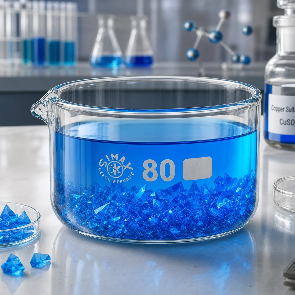 Miska do krystalizacji o pojemności 150 ml z niebieskimi kryształami siarczanu miedzi CuSO₄, do zastosowań laboratoryjnych, średnica 80 mm