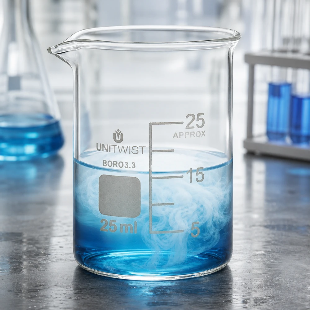 Przezroczysta szklana zlewka borokrzemowa o pojemności 25 ml z niebieską cieczą i wydzielającymi się oparami w laboratorium