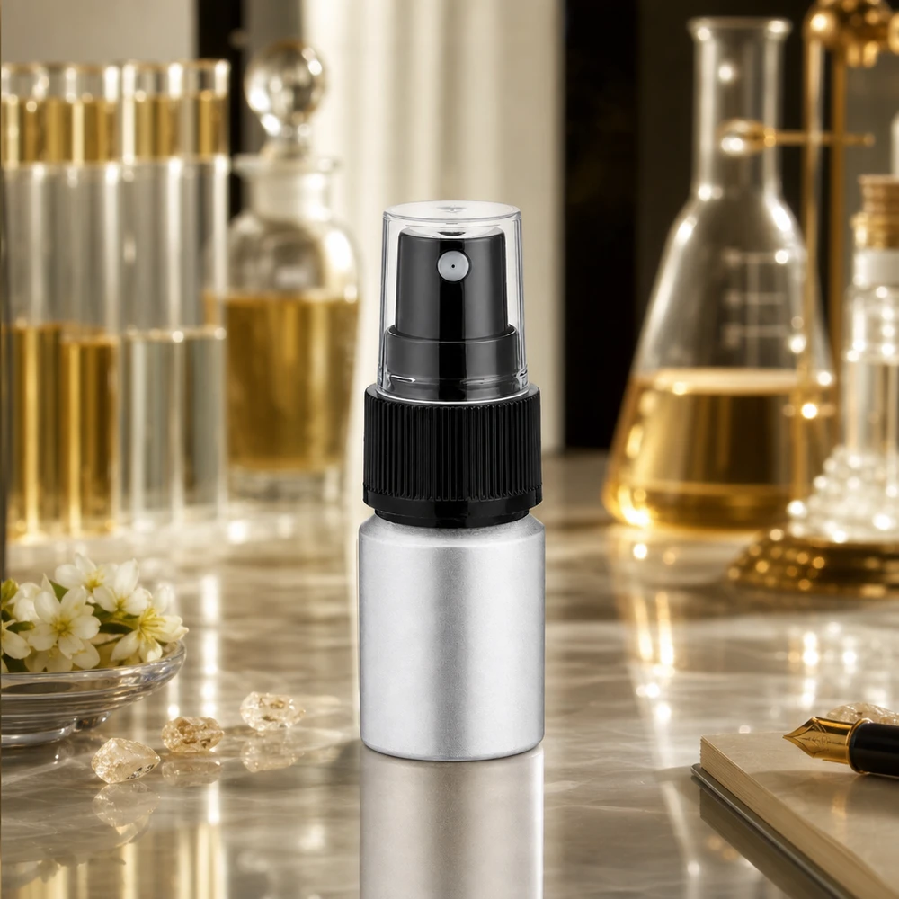Poręczny aluminiowy flakonik o pojemności 10 ml z czarną głowicą rozpylającą do kosmetyków i perfum.