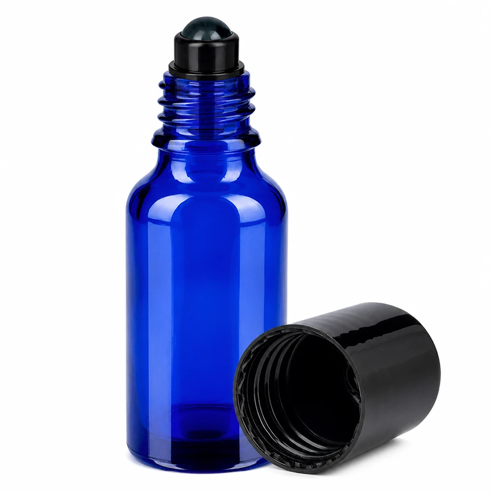 Butelka roll-on 20 ml czarna STD BlueLine UT18/20 Szklana butelka roll-on 20 ml w kolorze niebieskim z czarną nasadką kulkową do precyzyjnej aplikacji