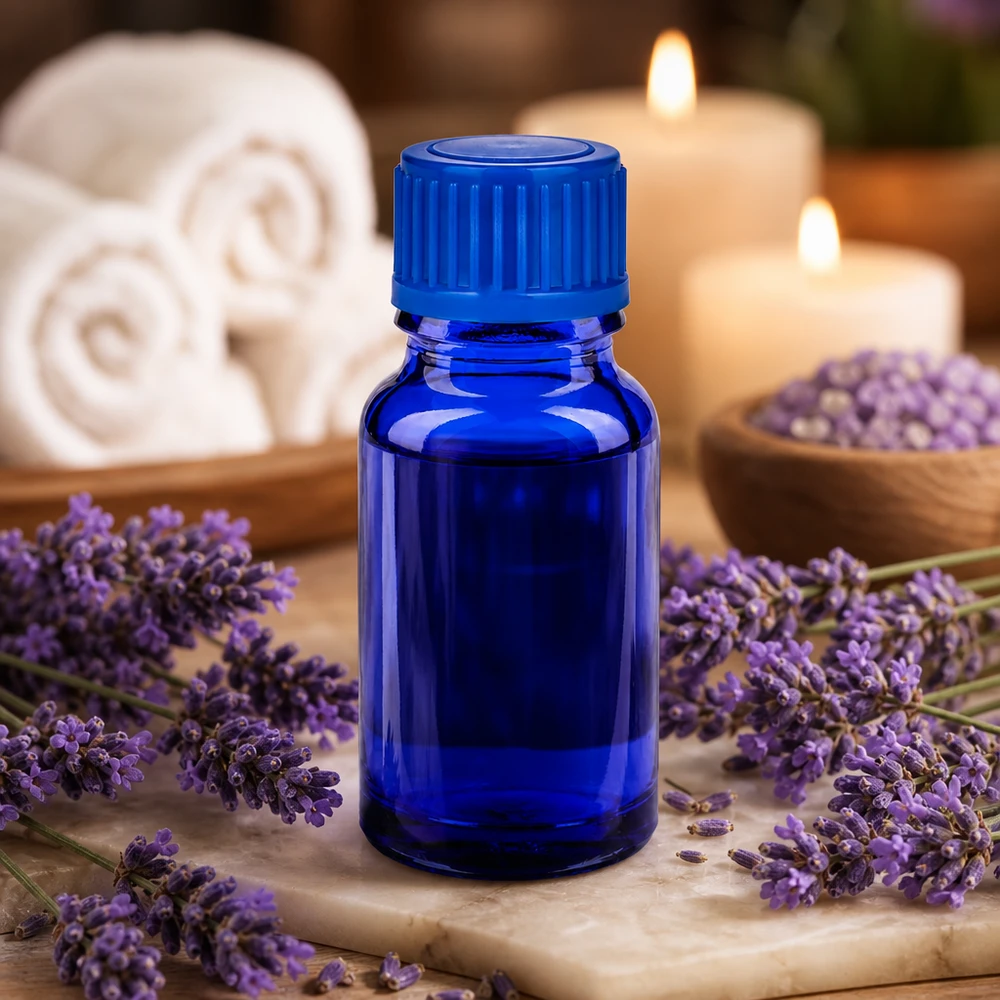 Niebieska szklana butelka 10 ml z serii BlueLine ze standardową nasadką 11 mm do aromaterapii