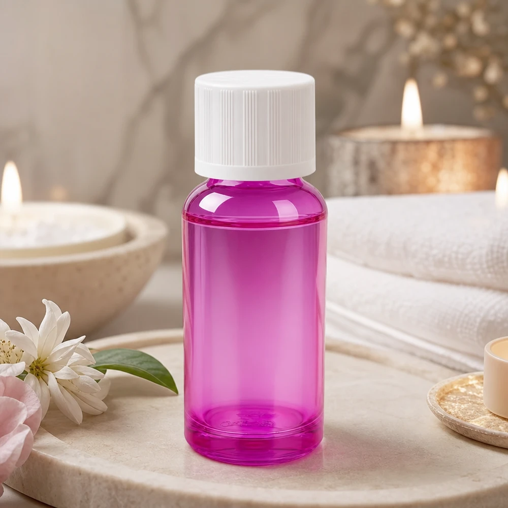 Butelka 20 ml z zakrętką 11 mm, biała, standardowa, zabezpieczona przed dziećmi PurpleLine UT18/20 Kompaktowa butelka 20 ml w kolorze jasnofioletowym z zakrętką 11 mm do mobilnych zastosowań kosmetycznych