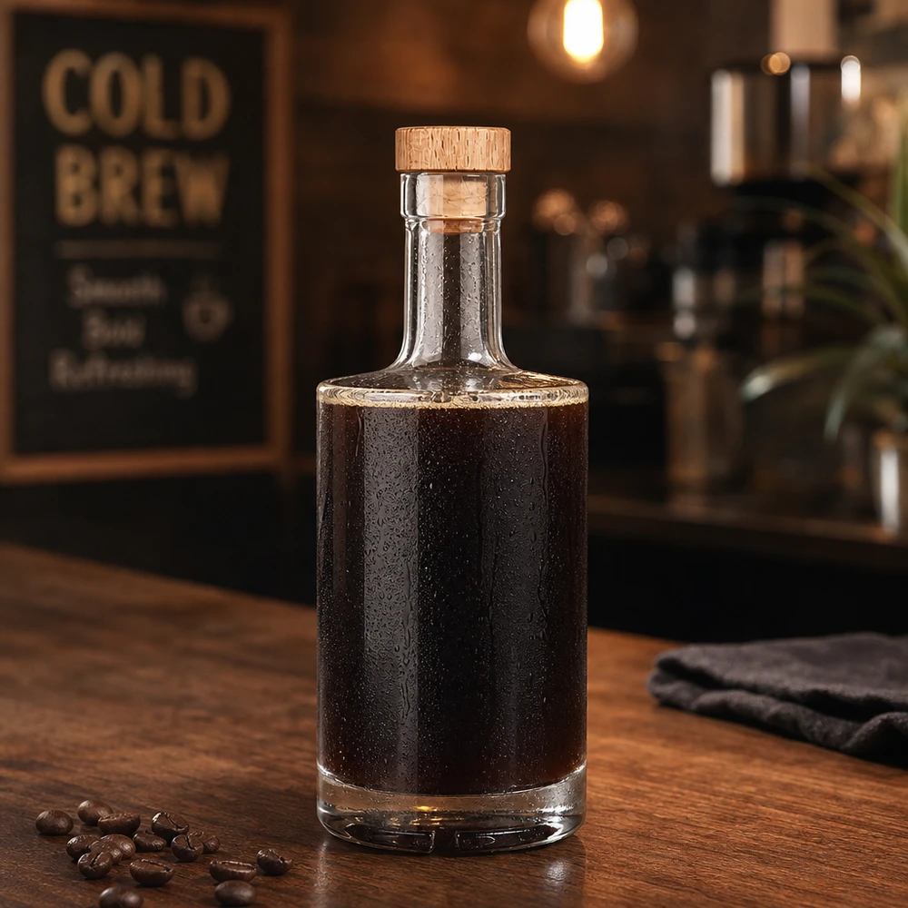 500ml szklana butelka Nora wypełniona kawą parzoną na zimno drewniany korek UNiTWIST ziarna kawy barista atmosfera rustykalna