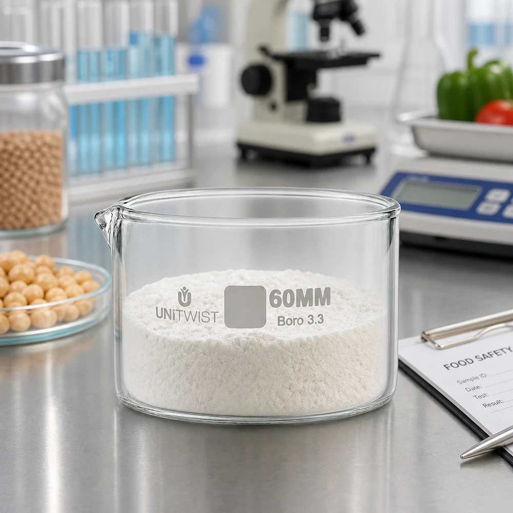 Miska do krystalizacji o średnicy 60 mm z białym proszkiem w laboratorium spożywczym, wyposażonym w mikroskop i wagę