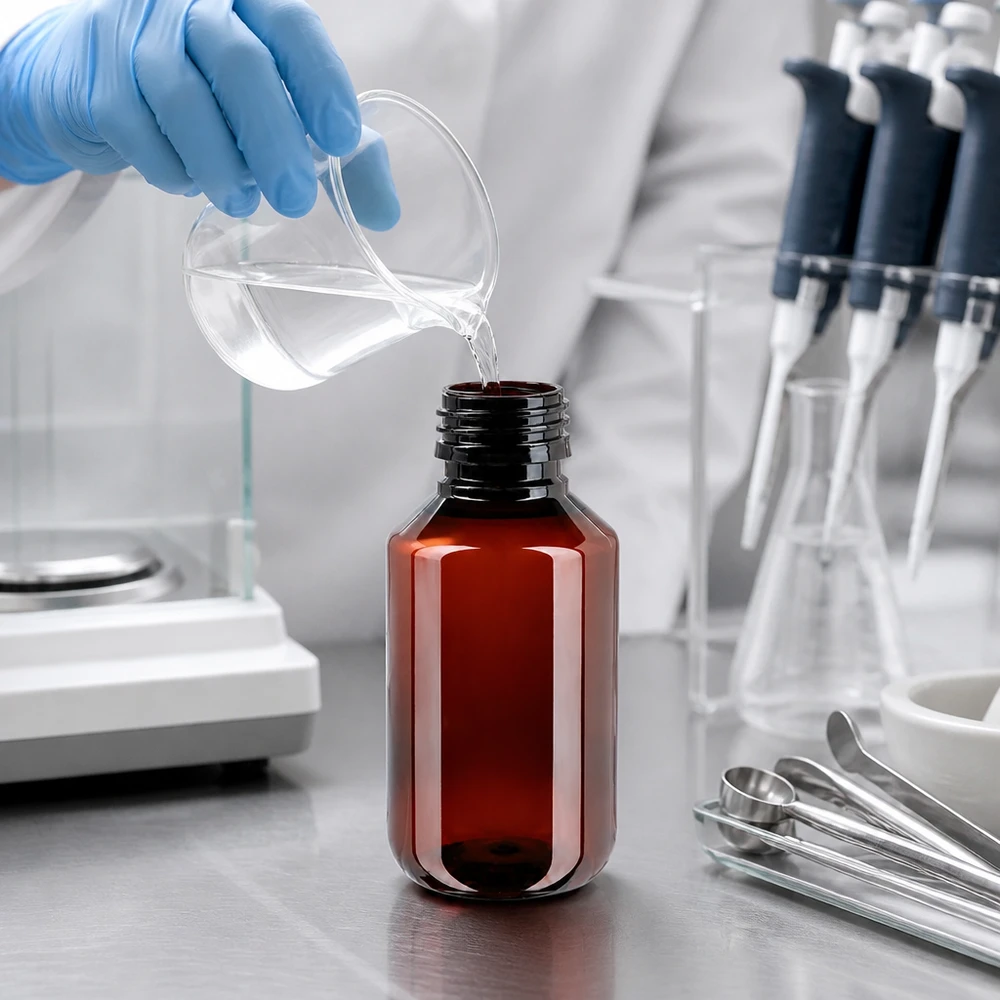 Butelka PET 100ml PP28 bez zakrętki Brązowa butelka z tworzywa sztucznego o pojemności 100 ml z gwintem PP28 jest napełniana w laboratorium za pomocą pipety