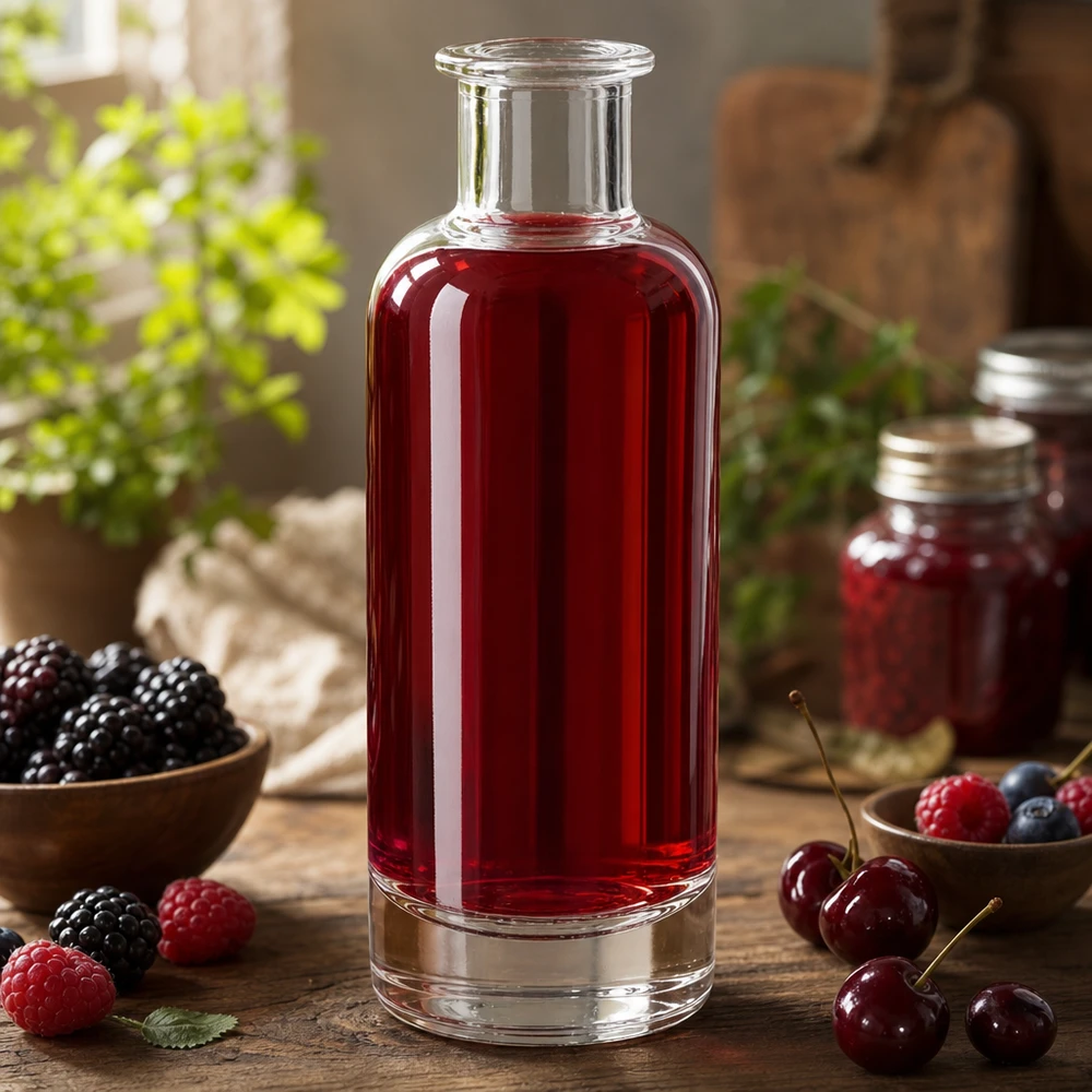 Szklana butelka Ella 200 ml bez zamknięcia UNiTWIST® 200 ml szklana butelka Ella wypełniona sokiem z czerwonych jagód otoczona świeżymi jagodami pokazuje naturalne zastosowanie