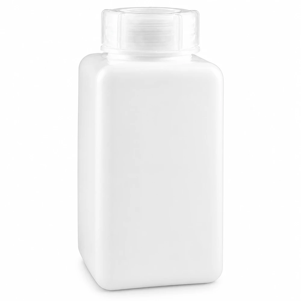 Butelka na chemikalia 1500 ml, szeroka szyjka z PE-HD, kolor naturalny Butelka na chemikalia o pojemności 1500 ml, wykonana z PE-HD, z szeroką szyjką, w naturalnym białym kolorze, zapewniająca bezpieczne przechowywanie