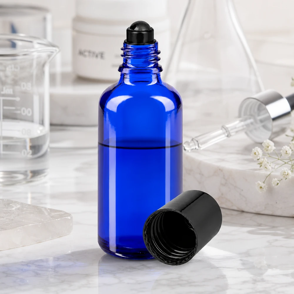 Butelka z kulką o pojemności 50 ml w kolorze kobaltowym z czarną zakrętką, obok szklanej miarki i pipety