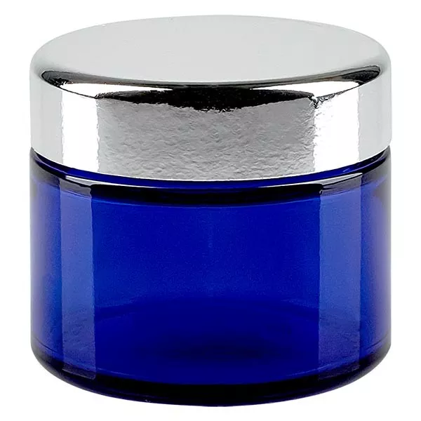 Szklany słoik 50 ml w kolorze błękitu królewskiego, ze srebrną metalową pokrywką ApoGlas. Farmaceutyczna jakość produkcji UE. Bezpieczny dla żywności. Z ochroną UV. Szklany słoik 50 ml w kolorze błękitu królewskiego, ze srebrną metalową pokrywką ApoGlas. Farmaceutyczna jakość produkcji UE. Bezpieczny dla żywności. Z ochroną UV.