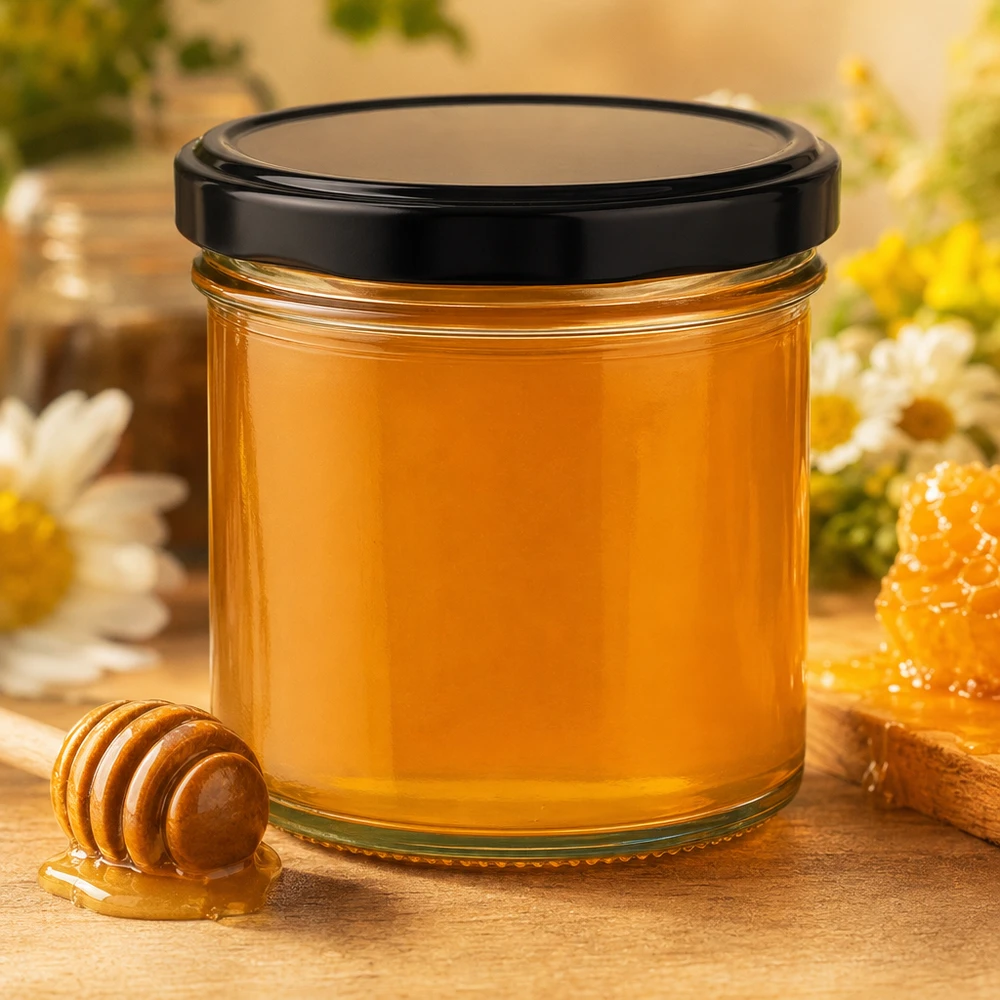 Słoik z pokrywką BasicSeal, czarny UN.. Kubki o pojemności 125 ml z czarną pokrywką wypełnione złotym miodem łyżeczka miodu plaster miodu naturalna dekoracja