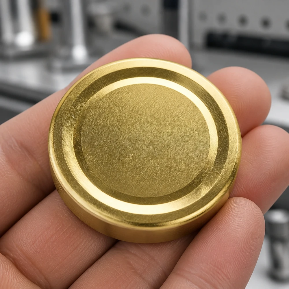 Pokrywka BasicSeal 58 mm, złota (TO58deep) UNiTWIST Złota nakrętka typu twist-off 58 mm TO58deep BasicSeal UNiTWIST w dłoni
