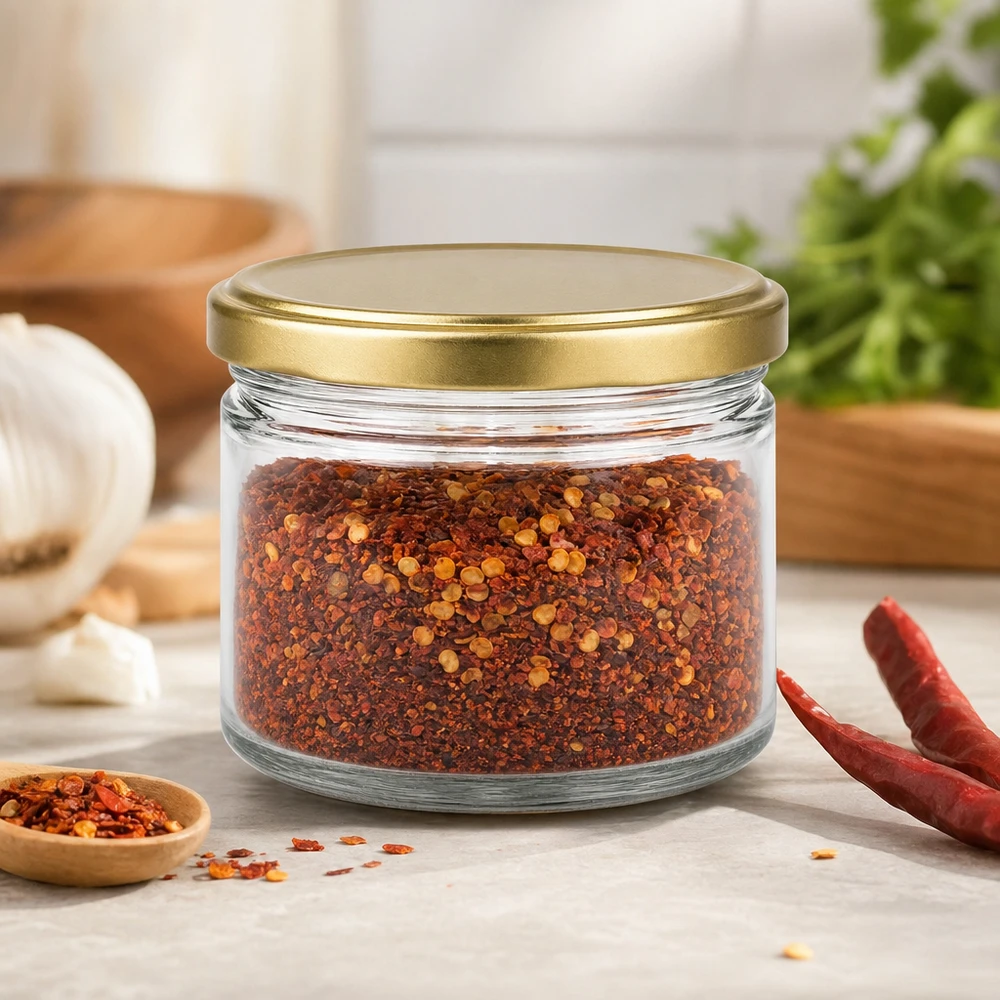 700g Honigglas mit goldenem Deckel BasicSeal UNiTWIST 700 g słoik miodu BasicSeal ze złotą pokrywką wypełniony mieszanką przypraw chili wraz z suszonymi papryczkami chili