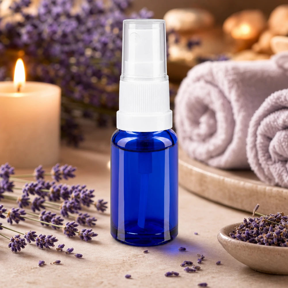 Butelka apteczna niebieska 10ml spray top biały Butelka z atomizerem o pojemności 10 ml, wykonana z niebieskiego szkła aptecznego, z białym atomizerem, umieszczona wśród kwiatów lawendy i akcesoriów spa