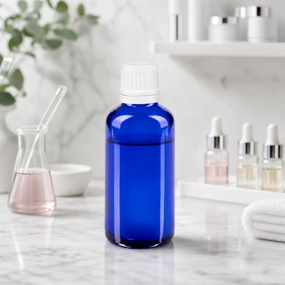 Butelka apteczna niebieska 50ml zakrętka biała OV Niebieska szklana butelka o pojemności 50 ml z białym zamknięciem zabezpieczającym przed dziećmi na jasnym tle z marmuru