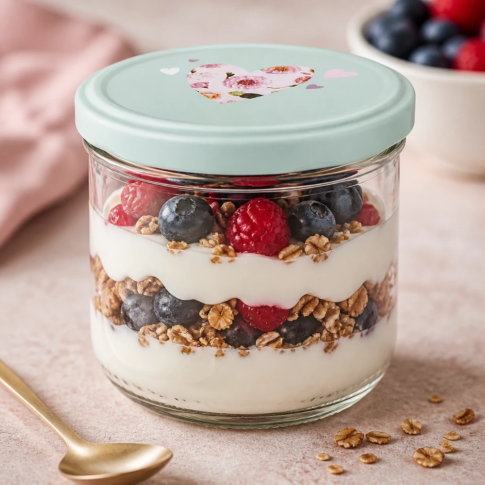 Słoik z pokrywką 260 ml + pokrywka BasicSeal serce miętowy UN.. 260ml Sturzglas mit Joghurt-Beeren-Parfait befüllt, BasicSeal Deckel mint mit Herz, Dessertglas für Schichtdesserts