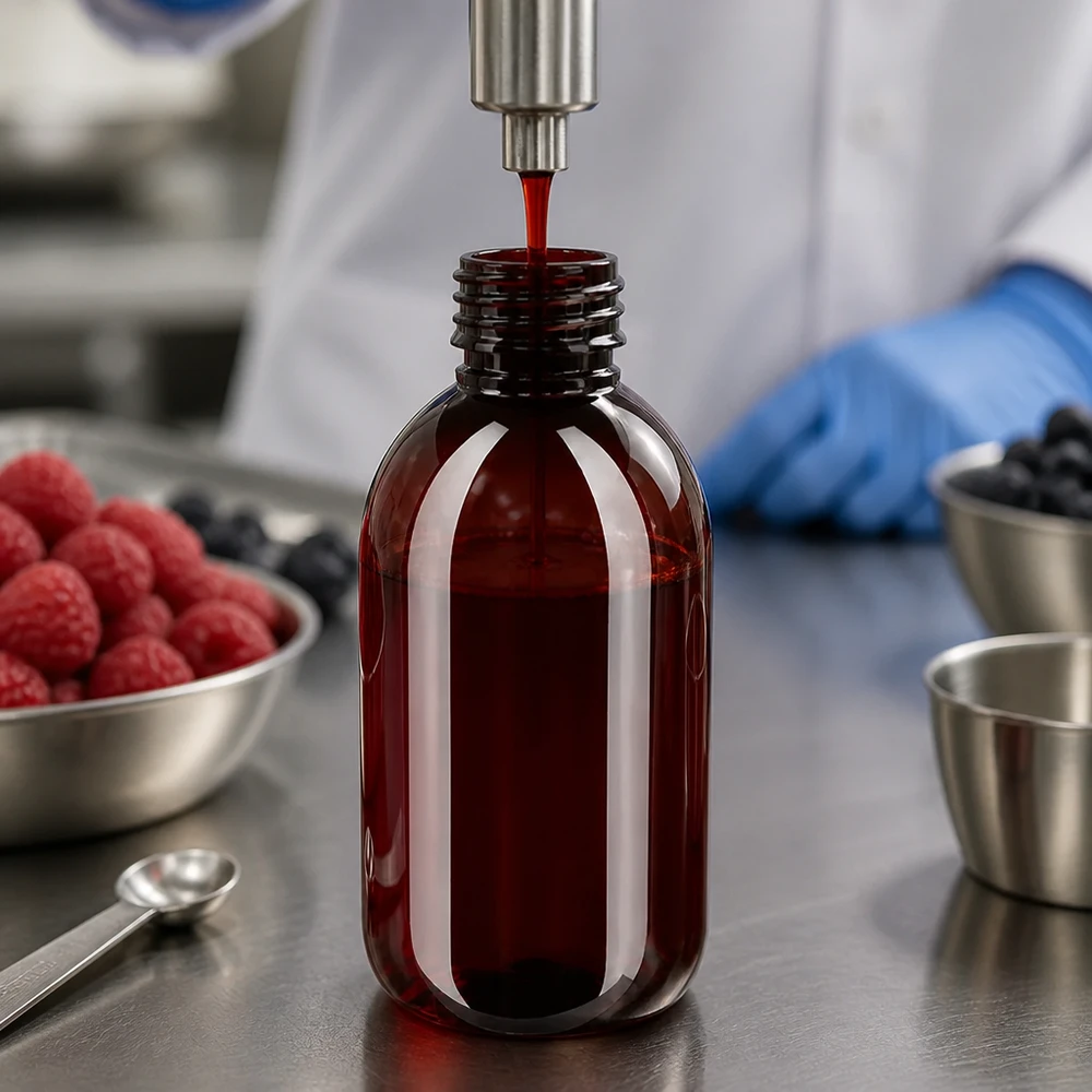 Butelka PET w kolorze bursztynowym o pojemności 250 ml (model PP28) jest napełniana ekstraktem z czerwonych jagód