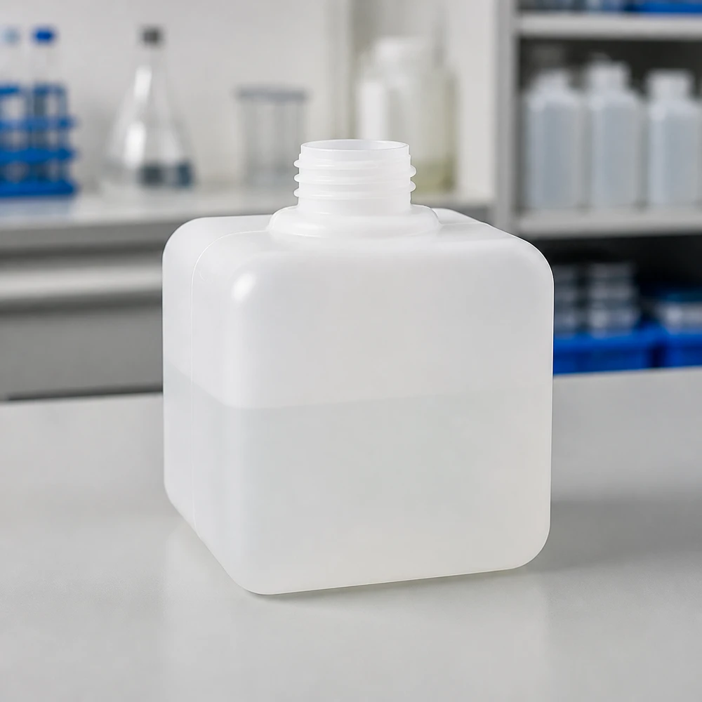 Butelka na chemikalia z PE-HD o wąskiej szyjce, pojemność 500 ml, z gwintem GL32, półprzezroczysta, na białym blacie laboratoryjnym
