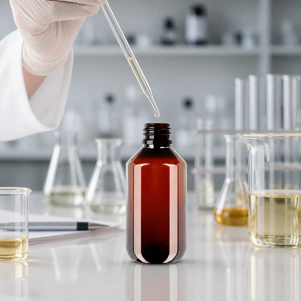 Przezroczysta brązowa butelka PET o pojemności 200 ml z białym, żłobkowanym zamknięciem zabezpieczającym w warunkach laboratoryjnych