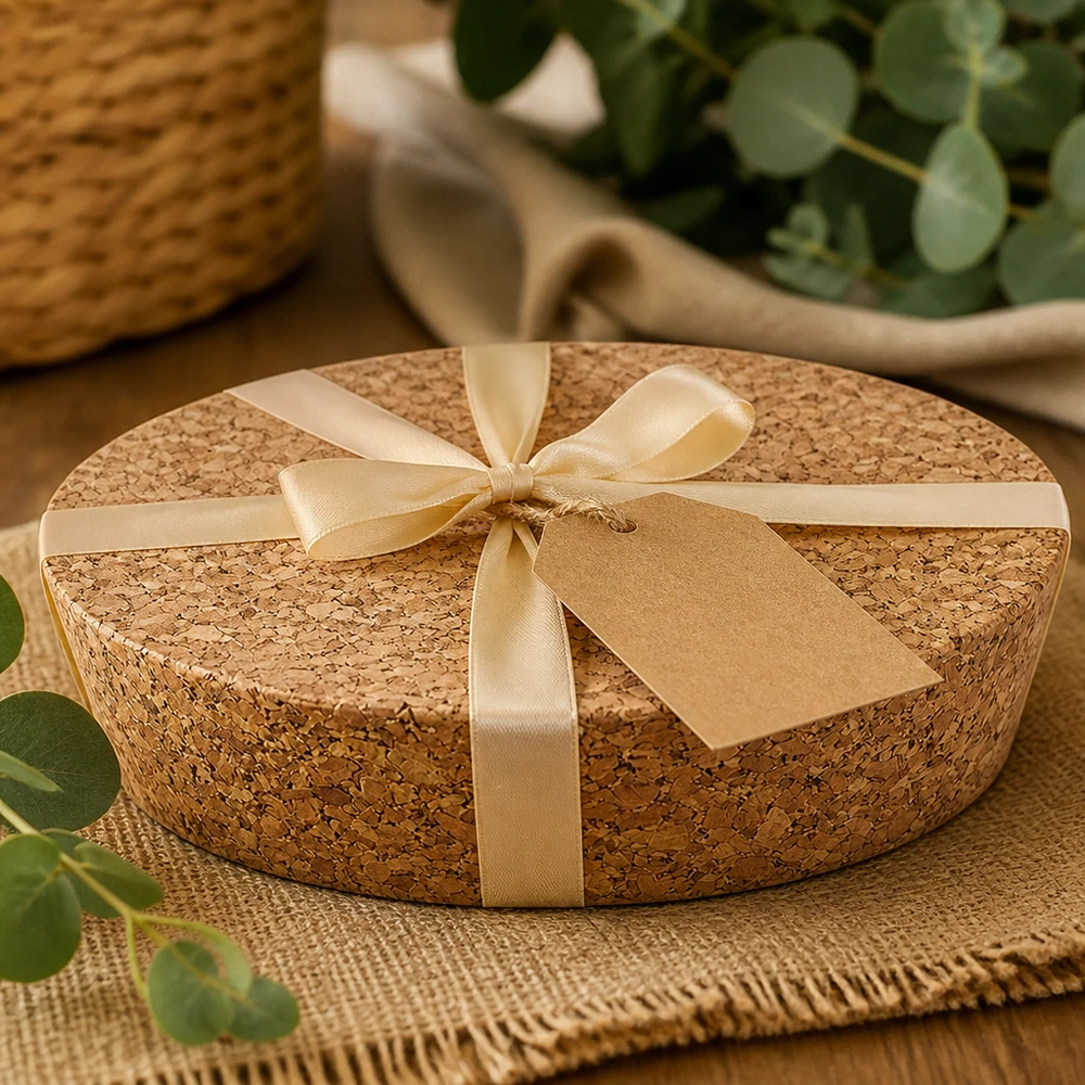 WECK RR80 korek z naturalnego korka zapakowany w prezent z zawieszką ze złotej wstążki zrównoważone opakowanie na prezent